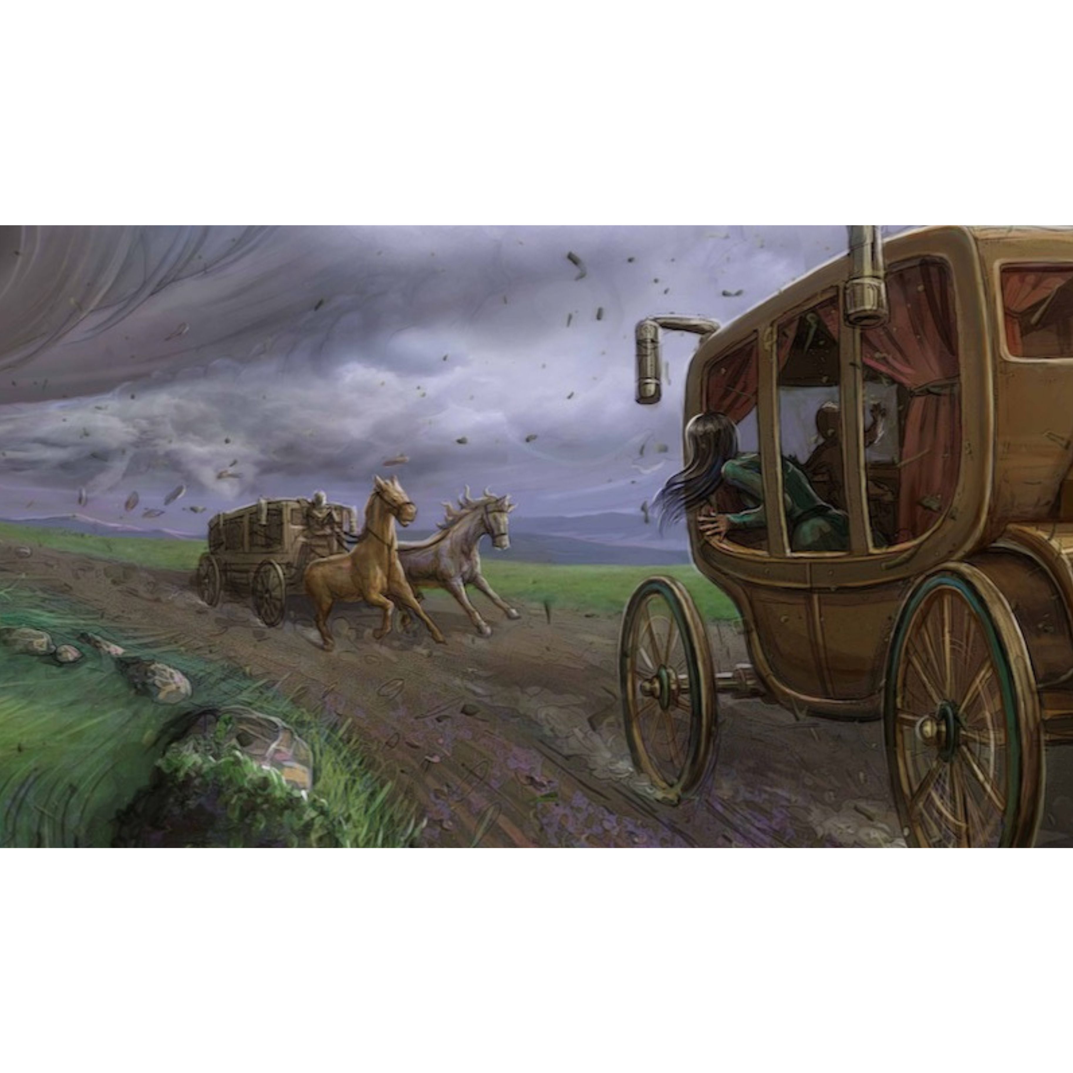 Painting of a stagecoach with horses on a dirt road under a stormy sky.