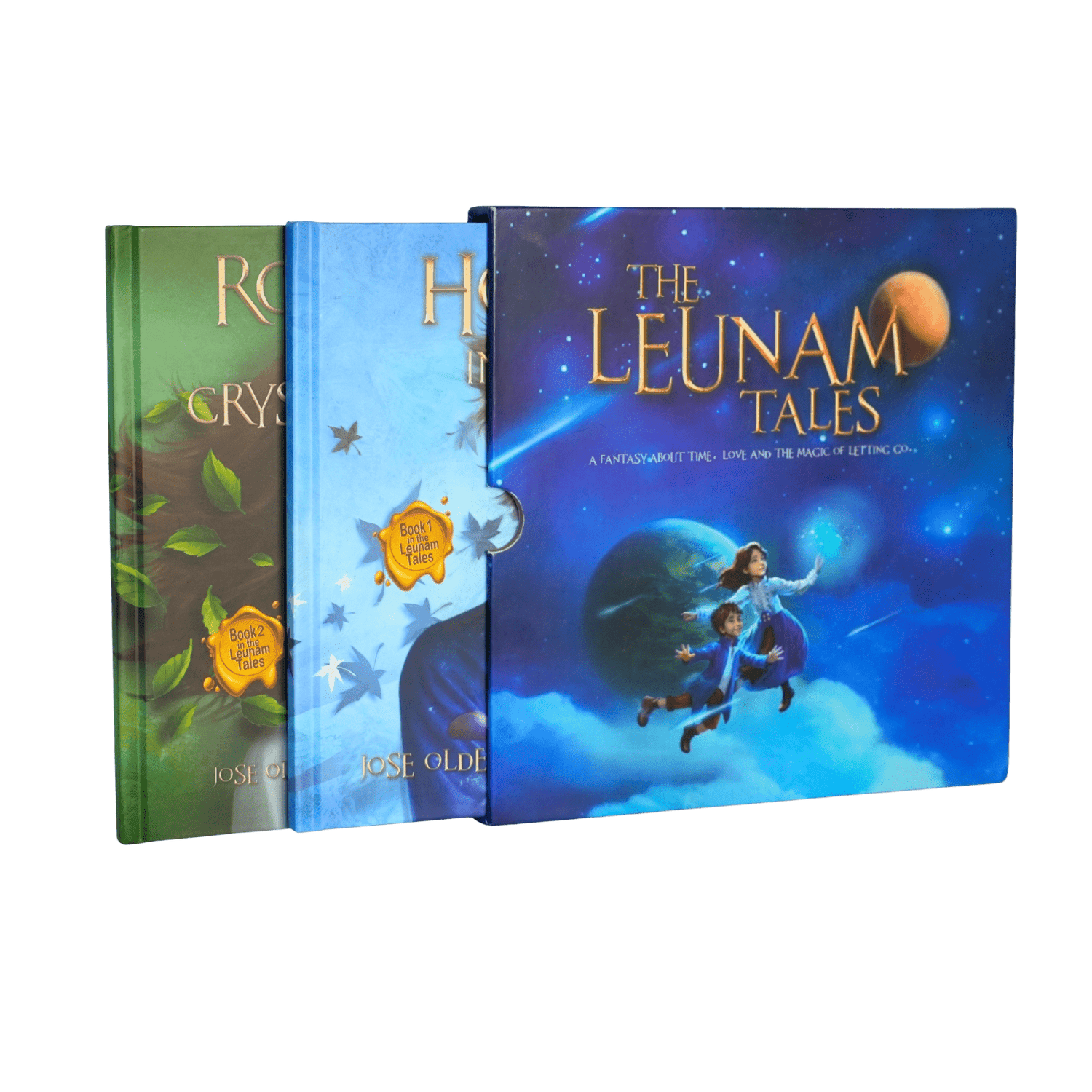 Three books titled 'Roxie's Crystal', 'Holly's Hope', and 'The Leunam Tales' on a green background